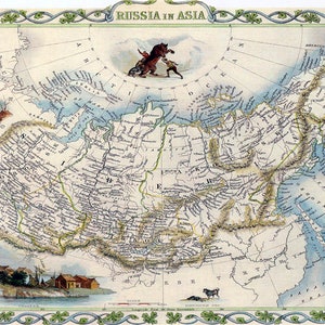 May include: An antique map of Russia in Asia, printed in color on paper. The map shows the geographical features of the region, including rivers, mountains, and cities. The map is surrounded by a decorative border.
