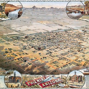 1800'S Birds Eye View Map Phoenix Arizona Landmarks Vintage Poster Reproduction
