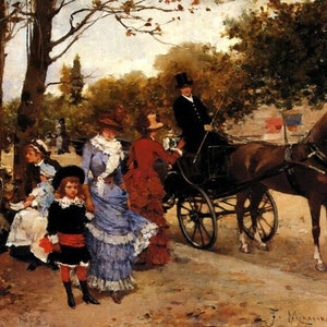 Mother Daughter Horse Carriage Park 1884 Spanish Painting By Miralles Repro
