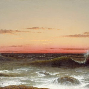 May include: A painting depicting a seascape at sunset. The sky is a soft pink and orange, with clouds in the distance. The ocean is a deep blue, with waves crashing against the shore. The painting is done in a realistic style, with a focus on the natural beauty of the scene.