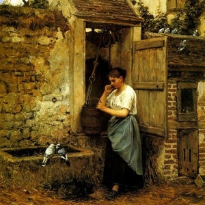 Peasant Girl And Doves Water Cistern Birds Painting By Henry Mosler Repro