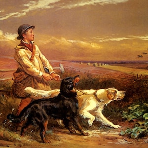 El primero de septiembre Niño con perros Migración de gansos de otoño Por James Hardy Repro
