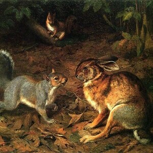 May include: A painting of a gray squirrel and a brown rabbit in a forest setting. The squirrel is standing on its hind legs, facing the rabbit. The rabbit is sitting on the ground, looking at the squirrel. The background is a dark forest with trees and leaves.