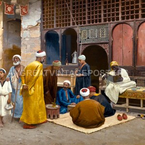May include: A group of men in traditional clothing gather in a courtyard setting. Some are seated on a bench, while others stand and chat. The scene is painted in a realistic style with warm colors and intricate details.