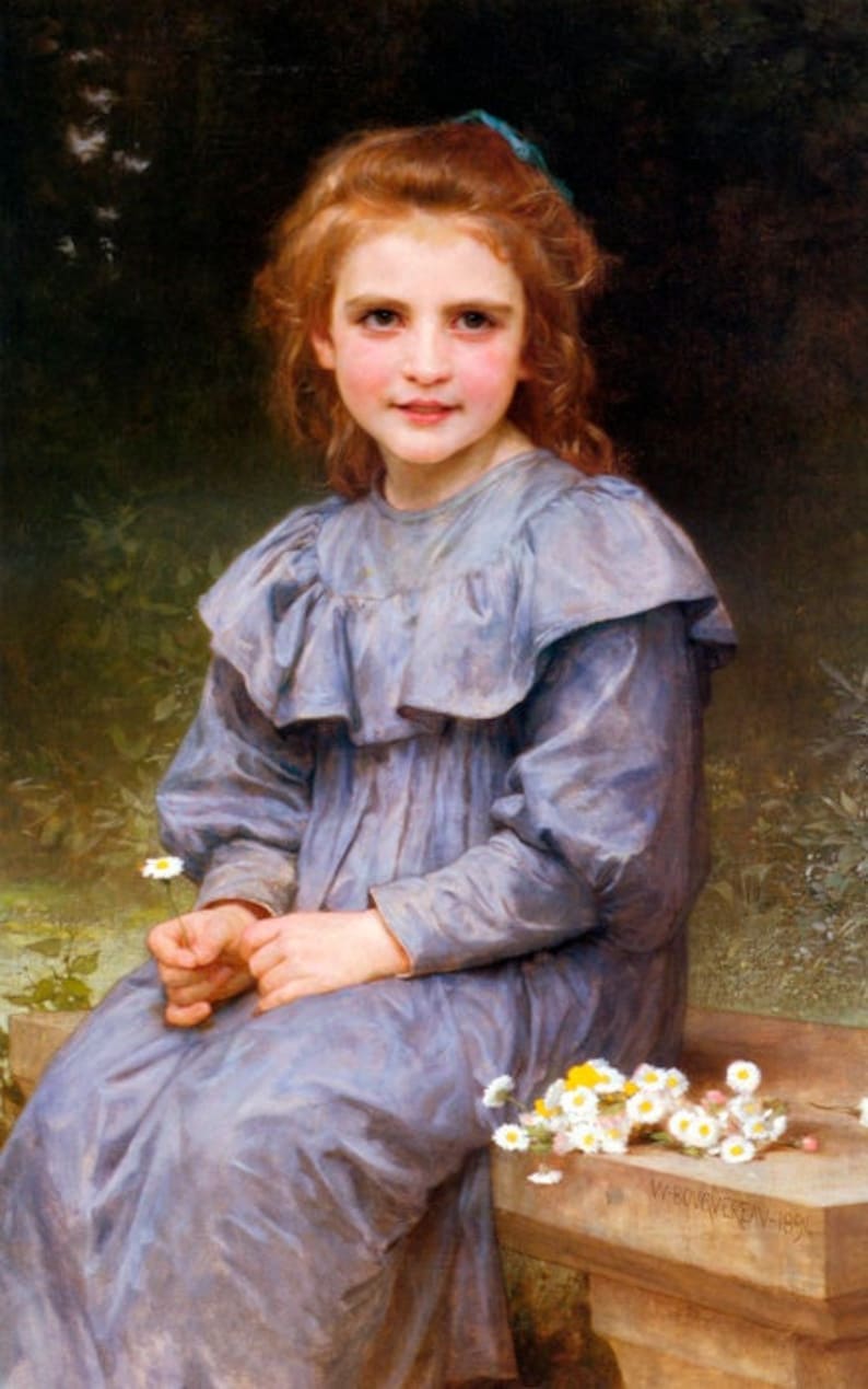 Girl Blue Dress With SALENEW very popular Daisies William-Ado Painting Art Flowers By Spring new work one after another