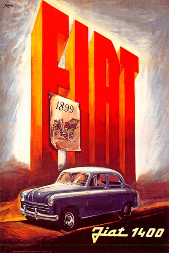 1899 Car Fiat 1400 Italy Italian Automobile Vintage Poster Repro
