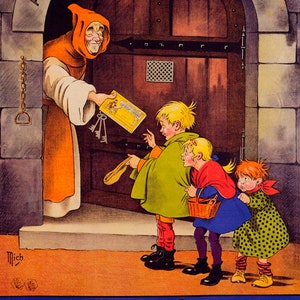 Reproducción de póster vintage de la puerta del monasterio de Chocolate Grande Trappe con niños asustados