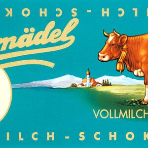 Vacas Leche Chocolate Vollmilch Schokolade Alemán Vintage Cartel Repro Medio