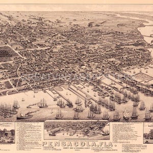 1885 Bird's Eye View Pensacola Florida Navy Yard USA Map Vintage Poster Repro