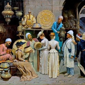 May include: A bustling marketplace scene with people browsing and shopping for various items, including decorative metalware, pottery, and other handcrafted goods. The scene is set in a Middle Eastern or North African market, with traditional architecture and clothing.