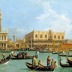 May include: A painting depicting a bustling scene in Venice, Italy. The Doge's Palace is prominently featured, with numerous gondolas and boats navigating the Grand Canal. The painting captures the vibrant atmosphere of the city, with people going about their daily lives.