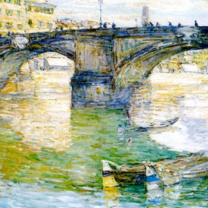 May include: A painting of a bridge over a river with a boat in the foreground. The bridge is made of stone and has a large arch. The river is calm and reflects the light of the sky. The painting is done in a style that is reminiscent of Impressionism.