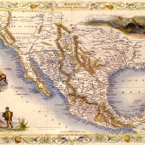 Póster turístico con vista de pájaro del mapa de México, California, Texas y Yucatán del siglo XIX