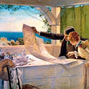 May include: A couple sits at a table on a porch overlooking the ocean, studying a map. The table is covered in a white tablecloth and has a variety of items on it, including a pitcher, glasses, and a hat. The couple is dressed in period clothing and appears to be planning a trip.