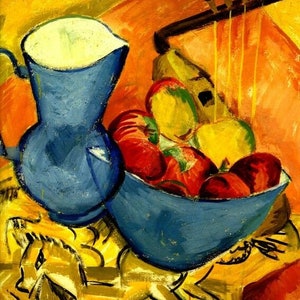 May include: A still life painting depicting a blue pitcher, a blue bowl filled with red apples and yellow pears, and a wooden musical instrument with strings. The background is a vibrant yellow and orange.