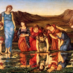 May include: A painting of nine women in flowing robes, standing and kneeling around a pool of water. The women are looking down at their reflections in the water. The painting is set in a landscape with mountains in the background.
