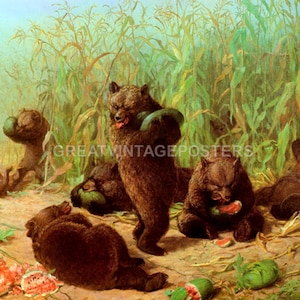 Bears Eating Watermelon Feast Painting Art By William Holbrook Beard Repro