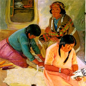 May include: A painting depicting three women in traditional attire. One woman grinds something on a stone, another sits and observes, and the third is working on a piece of pottery. The scene is set indoors with a neutral background.