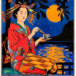 Chocolate Amatller Luna Woman Kimono Japan Full Moon Light Vintage Poster Repro