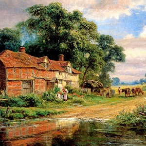 An Old Surrey Farm Children Cattle Art Painting By Robert Gallon Repro