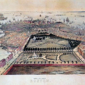 May include: A bird's eye view of Boston, Massachusetts, circa 1850. The city is shown with its harbor, ships, and buildings. The Boston Common is in the center of the image.