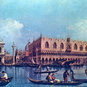 May include: A painting depicting a view of the Doge's Palace in Venice, Italy. The palace is a large, ornate building with a long facade and many windows. The painting shows the palace from across a canal, with gondolas and other boats in the water. The sky is blue and there are clouds in the distance.