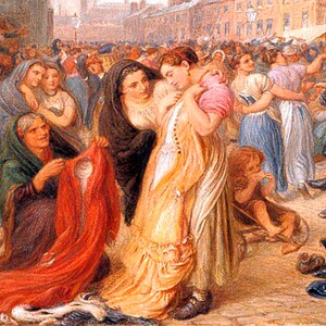 May include: A bustling outdoor market scene with people shopping for various goods. A woman in a yellow dress is being helped by another woman in a black dress. A woman in a red shawl is selling a red garment. There are many other people in the scene, including children and a man with a cart.