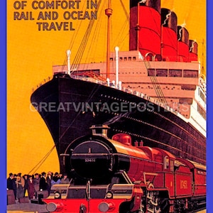May include: A vintage travel poster advertising the LMS Express and Cunard Liner. The poster features a red and black steam locomotive pulling a train alongside a large ocean liner. The text on the poster reads "LMS Express & Cunard Liner" and "The Highest Standard of Comfort in Rail and Ocean Travel."