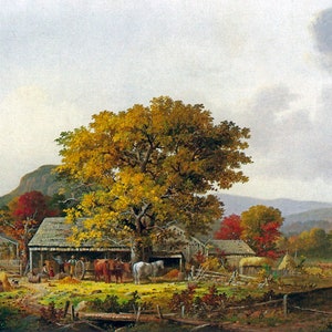 Otoño en una granja de sidra de Nueva Inglaterra, pintura de 1863 de George H. Durrie, reproducción
