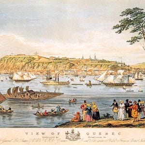 May include: A vintage illustration depicting a view of Quebec City from the water. The city is built on a hill and is surrounded by water. There are many ships and boats in the water, including a large paddle steamer. The illustration is in a watercolor style and is very detailed.