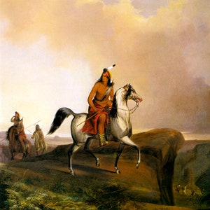 May include: A painting depicting a Native American man riding a white horse with a black mane and tail. He is wearing a red and white feathered headdress and a red loincloth. The horse is galloping across a grassy plain with a rocky cliff in the background.