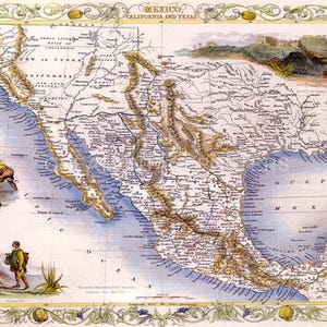 1800'S Map Mexico California Texas Yucatan Bird Eye View Tourism Poster Repro