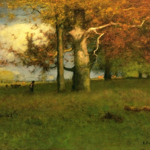 Pintura de paisaje con follaje de árboles Montclair de principios de otoño de George Inness Repro