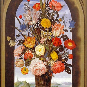 Ramo de flores en jarrón en ventana arqueada, pintura de 1620 de A Bosschaert Repro