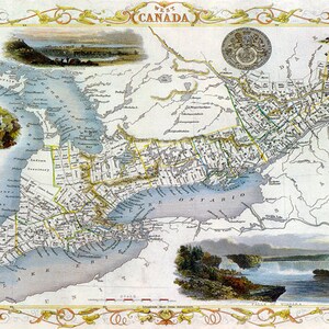 May include: A vintage map of West Canada, showing the region's geography and major cities. The map is printed in black and white with hand-colored details. The map includes a small inset map of the Falls of Niagara.