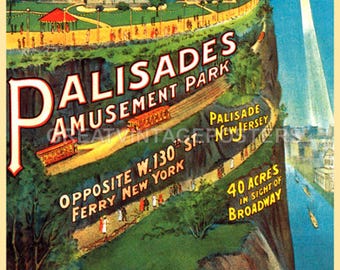 Palisades Amusement Park New Jersey York Broadway Zeppelin Vintage Poster Repro