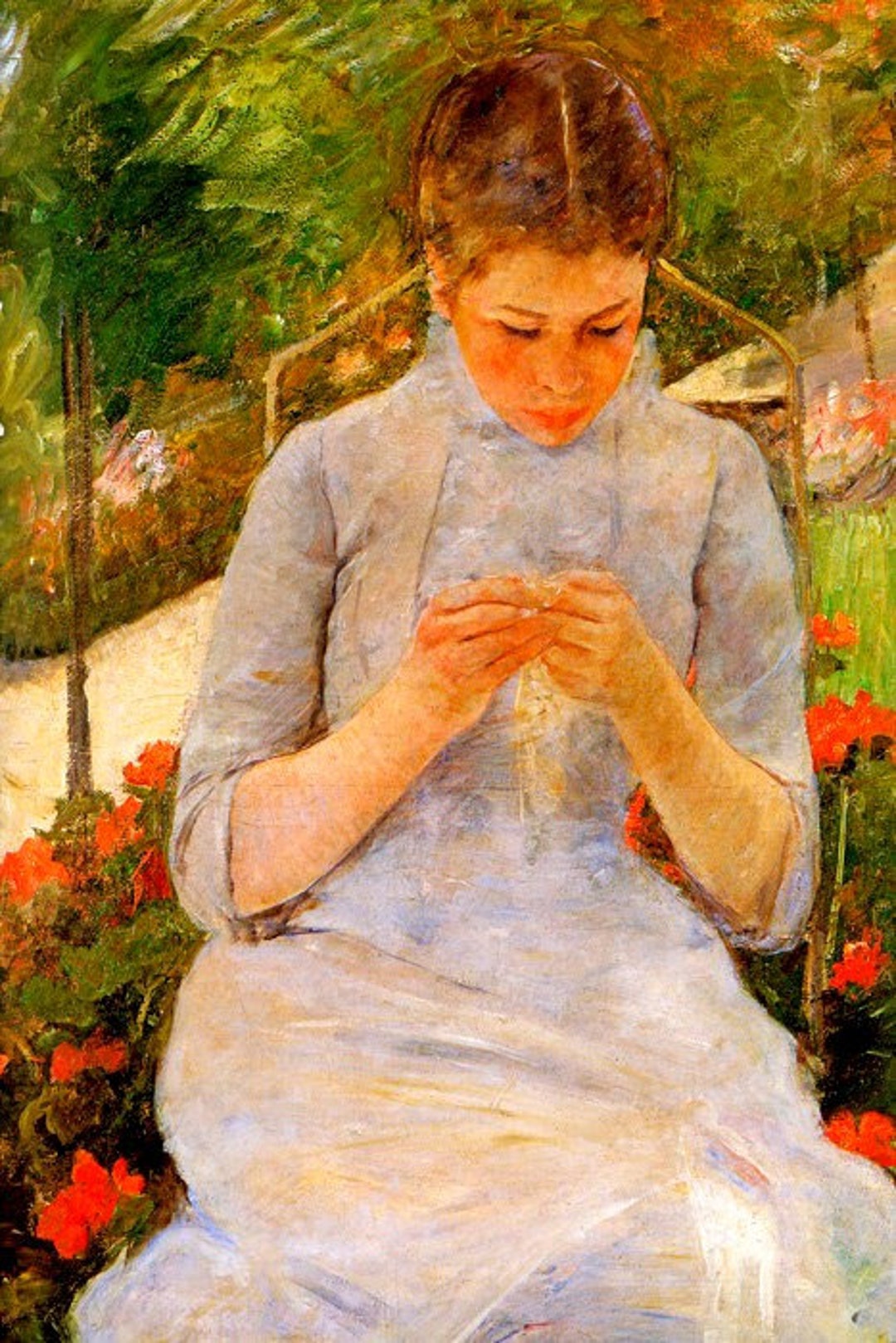 Young Woman Sewing in the Garden American Painting by Mary