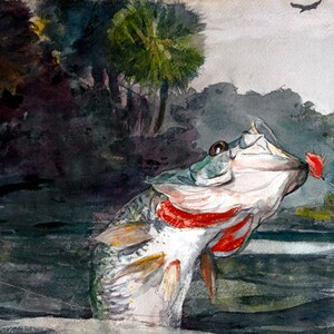 May include: A watercolour painting of a largemouth bass leaping from the water with a red lure in its mouth. The fish is painted in shades of white, grey, and green, with a red stripe along its side. The background is a blurred watercolour of trees and water.
