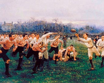 May include: A vintage painting depicting a rugby match in progress. The players are wearing white and red uniforms, and the ball is in the air. The scene is set on a grassy field with a crowd of spectators in the background.
