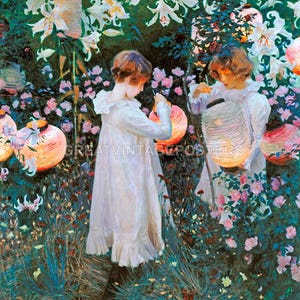 May include: An impressionist painting depicts two young figures in white dresses tending to glowing paper lanterns in a lush garden. The scene is filled with pink roses, white lilies, and vibrant green foliage, creating a serene and enchanting atmosphere.