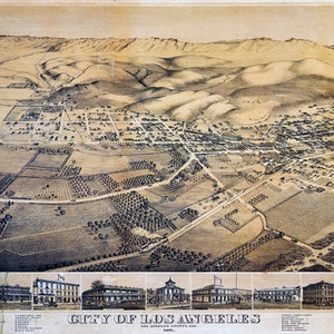 May include: An antique bird's-eye view map of Los Angeles, California, showing the city in 1875. The map depicts the city's layout, including streets, buildings, and surrounding farmland. The map is printed in black and white and has a vintage aesthetic.