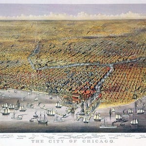 Póster vintage de la ciudad de Chicago, Illinois, EE. UU., con vista de pájaro y mapa del siglo XIX
