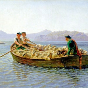 Cambio de ovejas en un bote en el prado. Pintura de pastores de Rosa Bonheur. Reproducción