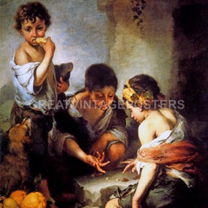 May include: A painting of three children playing a game with small stones. The child on the left is eating a piece of bread, while the child in the middle is reaching out to the child on the right. The children are dressed in simple clothing and are sitting on a rocky surface. There are oranges and a basket in the foreground.