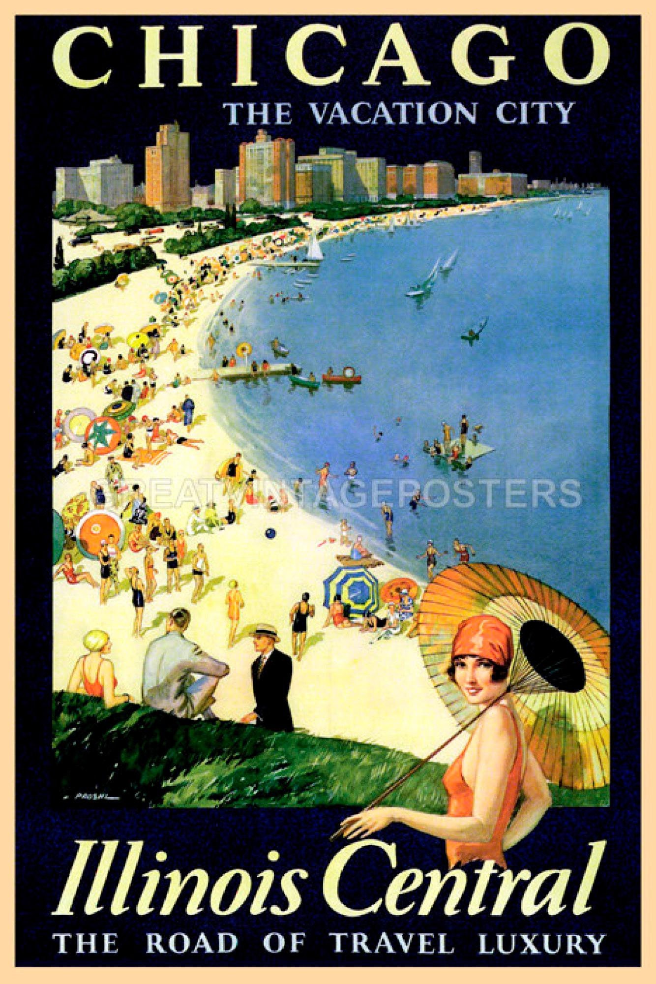 Chicago Vacation City Beach Illinois Central Luxury Travel Vintage Poster Repro