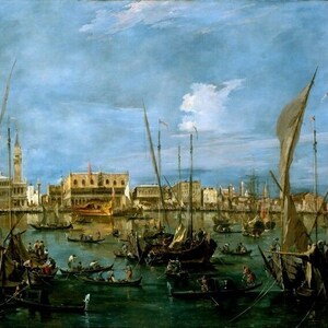 May include: A painting depicting a bustling harbor scene in Venice, Italy. The Doge's Palace is visible in the background, with numerous boats and ships in the foreground. The sky is a light blue with fluffy white clouds.