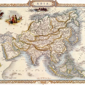 May include: A vintage map of Asia with detailed borders and names of countries and regions. The map is printed on paper with a light beige background and features a decorative border.