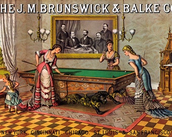 Reproduction d'affiche vintage pour filles jouant au billard, table de sondage Jm Brunswick Balke