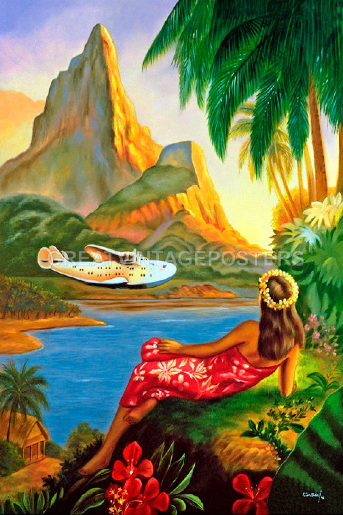 Hawaii Hula Dance Airplane Beach Vacation Travel Tourism USA Vintage Poster Repro