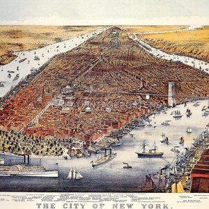 1800's Birds Eye View Map The City Of New York Tourism Art Vintage Poster Repro